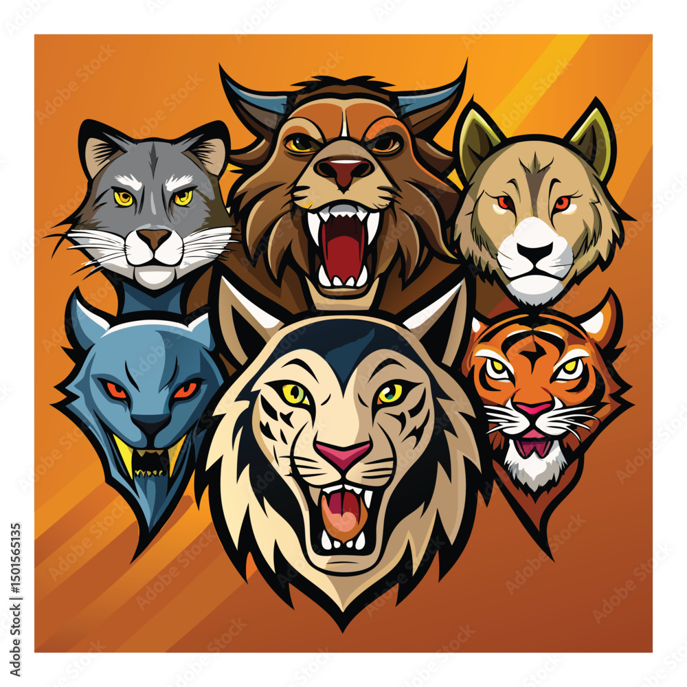 Fototapeta premium Wild Animals Heads Logo Mascot Set Lion Tiger J