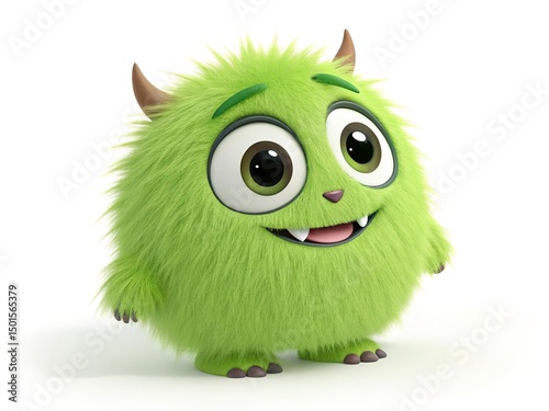 Cute green furry monster 3D cartoon character with big eyes and happy smile. Separate white background.