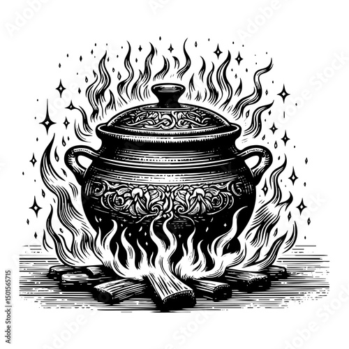 witch cauldron engraving sketch engraving black and white outline. Scratch board imitation.  illustrated in vintage line art style on a white background.