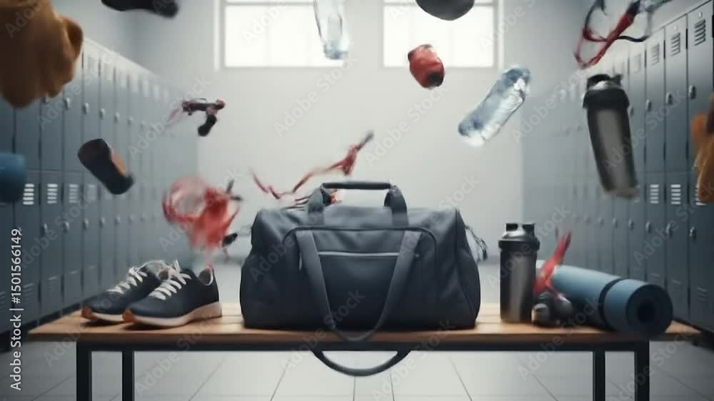 Animated Floating Gym Equipment in Modern Locker Room – Futuristic Sports and Fitness Concept in 3D Motion for Workout Promos, Wellness Branding, and Athletic Lifestyle Intros in Full HD