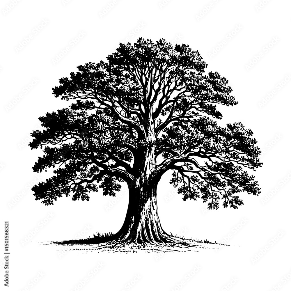 Oak tree sketch engraving black and white outline. Scratch board imitation.  illustrated in vintage line art style on a white background.