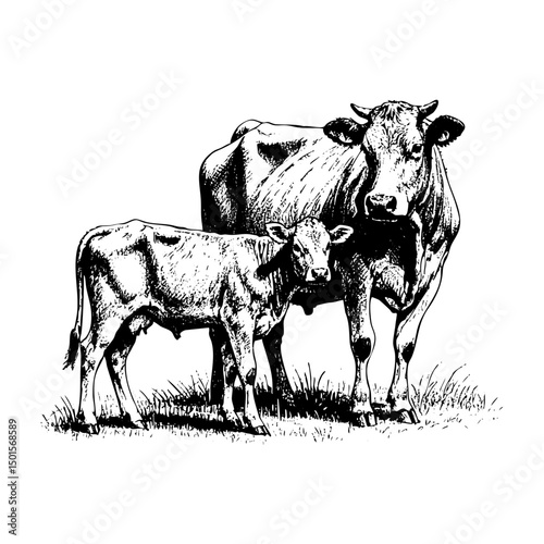 Cow and calf sketch engraving black and white outline. Scratch board imitation.  illustrated in vintage line art style on a white background.