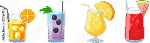 Set of summer cocktails in pixel art 8-bit style with fruits and straws including orange, blackberry, pineapple and watermelon. Retro tropical drinks isolated on white. Vector illustration.