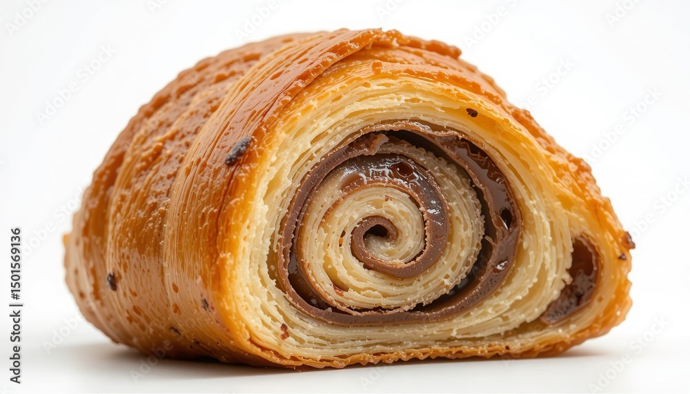 Fototapeta premium A close-up image of a golden brown pain au chocolat (chocolate croissant) seen from the side, showing the spiral layers of flaky puff pastry