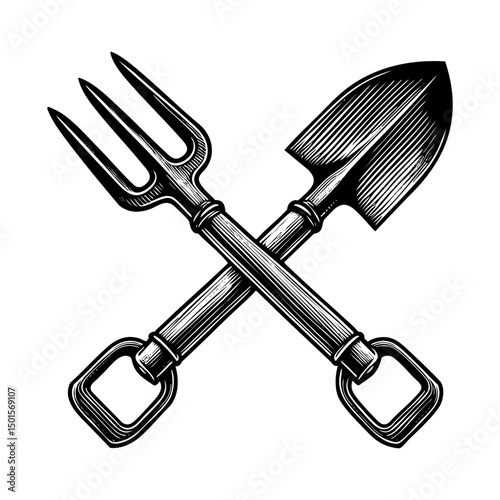 Shovel and garden fork crossed sketch engraving black and white outline. Scratch board imitation.