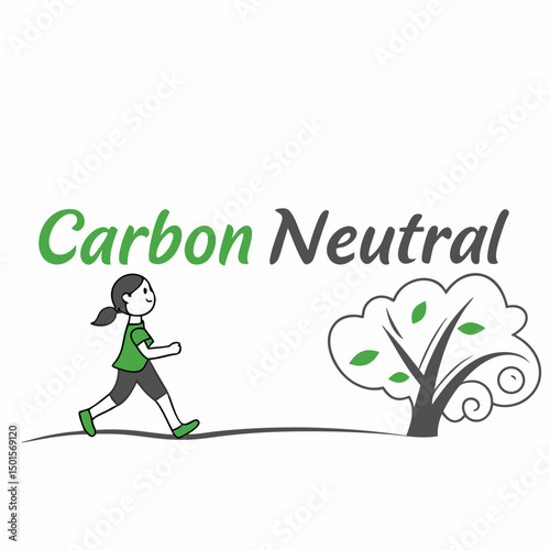 Girl walking towards a green tree carbon neutral concept