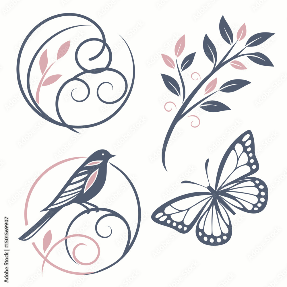Fototapeta premium Elegant floral butterfly bird design elements png