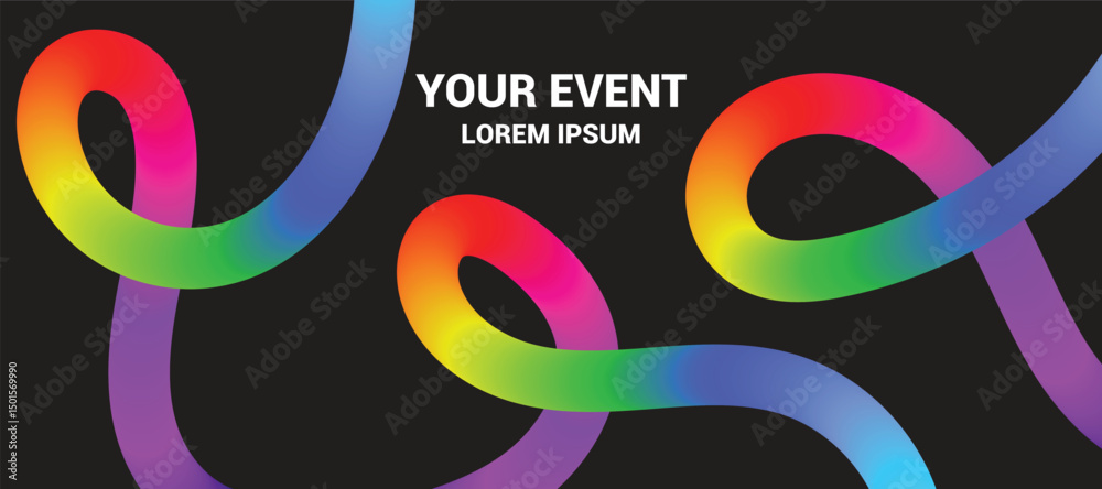 Fototapeta premium Abstract Backgrounds with Color Squiggle Lines Graffiti Gradient. Fun colorful line doodle pattern, Linear Rainbow Gradient Swoosh Shapes Design Elements. 3D Wave on Black. Fluid Graphics Swirl Ribbon