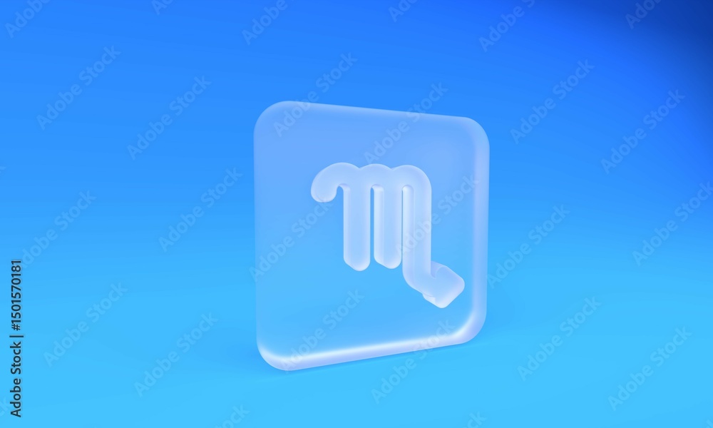 Frosted glass Scorpio zodiac sign icon isolated on blue background. Astrological horoscope collection. Square frosted glass button. 3D render illustration Frosted glass Scorpio zodiac sign icon isolated on blue background. Astrological horoscope collection. Square frosted glass button. 3D render illustration