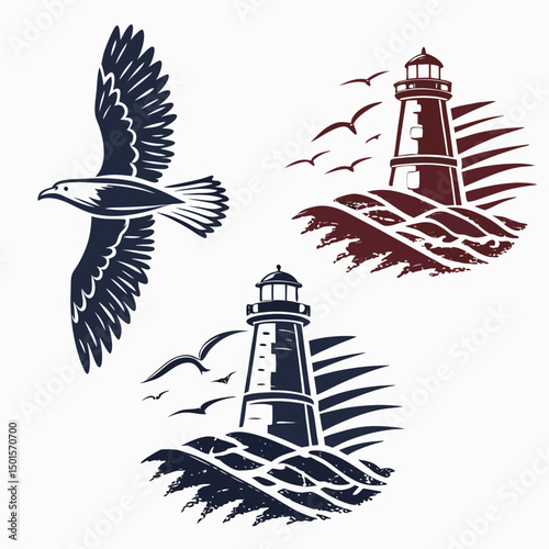 Professional seagull and lighthouse illustrations, transparent background