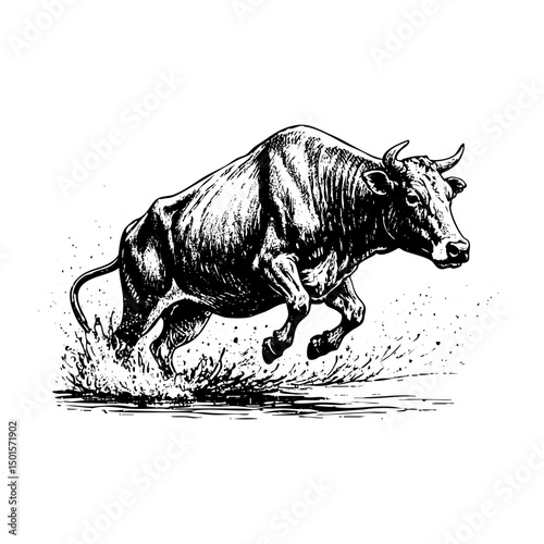 Bull jumping sketch engraving black and white outline. Scratch board imitation.  illustrated in vintage line art style on a white background.