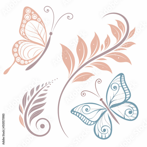 Elegant butterflies and floral design elements on white