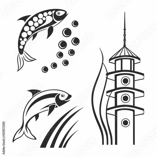 Stylized fish koi pagoda aquatic design illustration