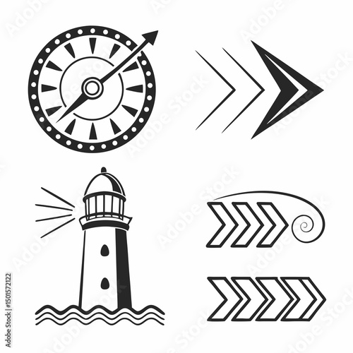 Nautical icons lighthouse compass arrows progress