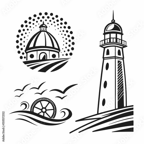 Lighthouse dome watermill seagulls farmland design elements
