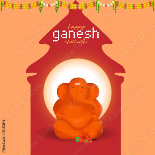 Happy Ganesh Chaturthi greeting with orange Lord Ganesha idol glowing temple silhouette background marigold garland decoration  Indian religious festival celebration