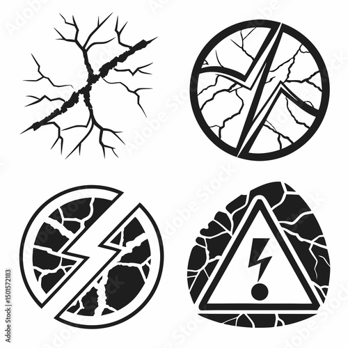 Cracked earth icons set warning signs hazard