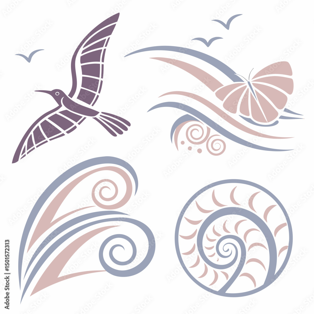 Fototapeta premium Elegant nature inspired design elements birds waves butterfly shell