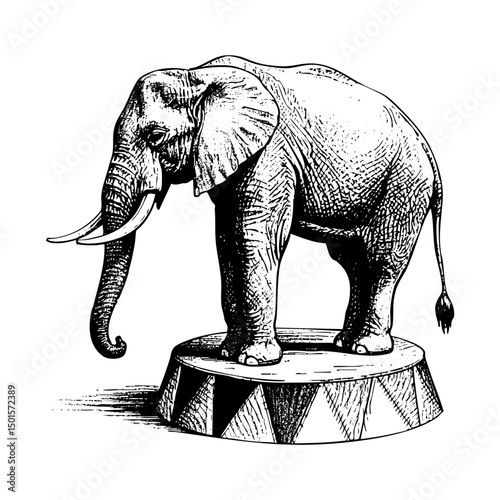 Elephant standing on circus stage engraving black and white outline. Scratch board imitation. illustrated in vintage line art style on a white background.