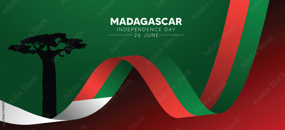 Obraz premium Madagascar flag ribbon with landmark Independence Day 26 June vector poster