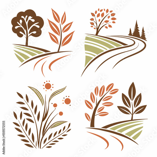 Autumnal landscape illustrations nature trees plants