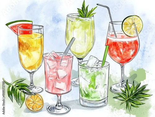Set of art watercolor illustration of colorful summer refreshing drinks, lemonade and cocktails decorated with fresh fruits such as lime, watermelon and mint sprigs and palm leaves on blue background.