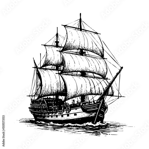 Retro ship engraving sketch engraving black and white outline. Scratch board imitation.  illustrated in vintage line art style on a white background.