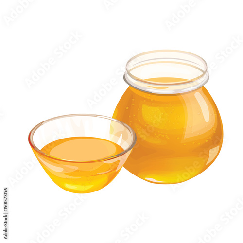 Illustration of transparent glass bowl and jar containing sweet fresh honey