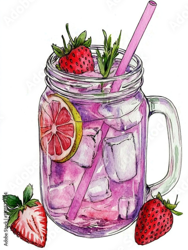 Summer refreshing fruit iced lemonade in a glass jar. Artistic watercolor illustration on white isolated background.