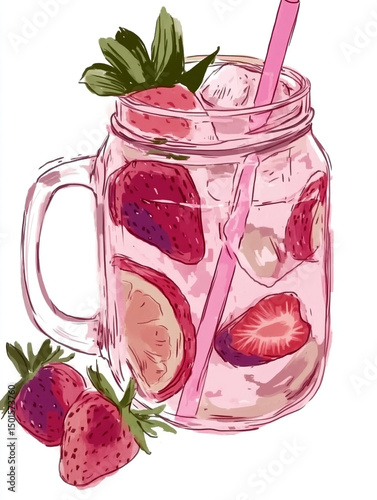 Summer pink refreshing fruit iced lemonade with strawberries, lemon, mint, ice, and a straw in a glass jar. Artistic watercolor illustration on white isolated background.