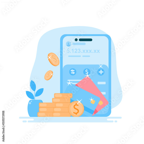 Online shopping bill payment concept. Online payment processing, financial transactions, bank cards, e-wallets for purchasing process.