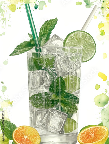 Watercolor illustration of refreshing mojito cocktail. Fresh mint leaves, lime slices and ice cubes, soda bubbles in tall glass on watercolor background. For summer menu, lemonades, drinks promotions.