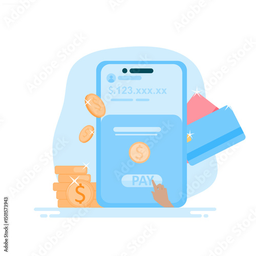 Online shopping bill payment concept. Online payment processing, financial transactions, bank cards, e-wallets for purchasing process.