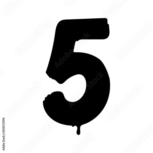 Bold black number five in a grunge brushstroke style with rough edges and dripping ink effect. Grunge style number five black ink illustration. Vector illustration