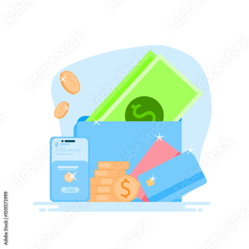 Online shopping bill payment concept. Online payment processing, financial transactions, bank cards, e-wallets for purchasing process.