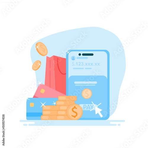 Online shopping bill payment concept. Online payment processing, financial transactions, bank cards, e-wallets for purchasing process.