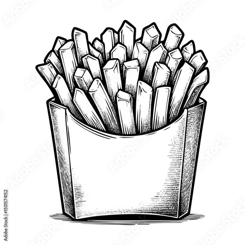 French fries sketch engraving black and white outline. Scratch board imitation. Illustrated in vintage line art style on a white background.