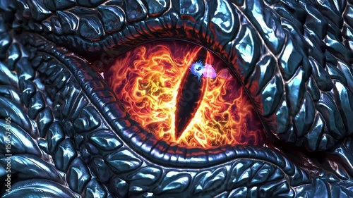 Fiery dragon eyes glowing in the dark: epic fantasy creature awakens