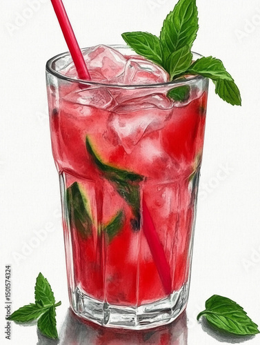 Refreshing juicy watermelon lemonade with leaves mint and ice cubes. The drink is decorated with slice of ripe watermelon and a straw. Watercolor clipart illustration. Close-up on isolate white backgr