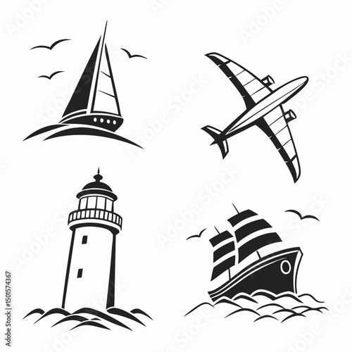 Travel icons sailboat airplane lighthouse ship