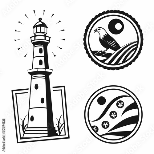 Lighthouse bird sea nature icons graphic design