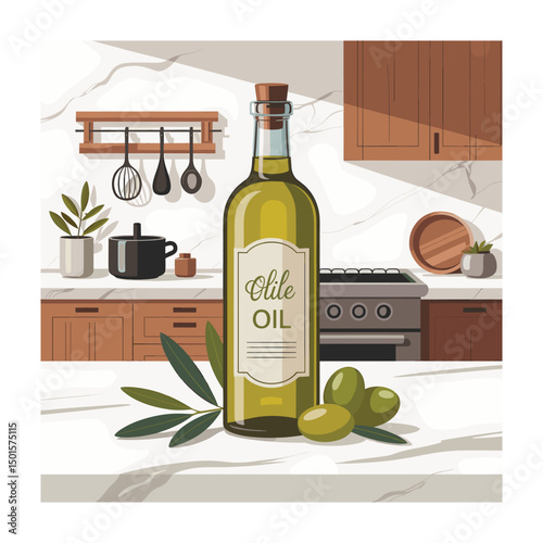 Olive oil bottle in modern kitchen setting
