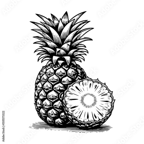 Pineapple sketch engraving black and white outline. Scratch board imitation.  illustrated in vintage line art style on a white background.