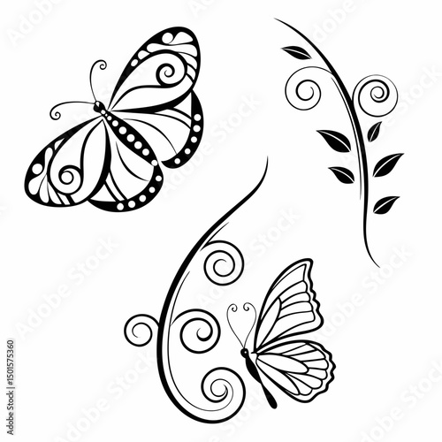 Elegant black butterflies floral swirls design