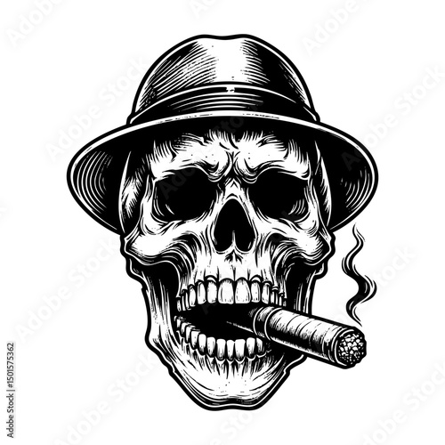 Skull wear top hat and smoking cigar isolated engraving black and white outline. Scratch board imitation.