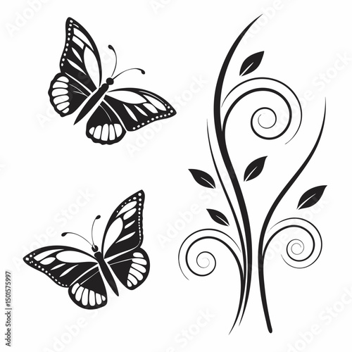 Elegant black butterflies and floral swirls design
