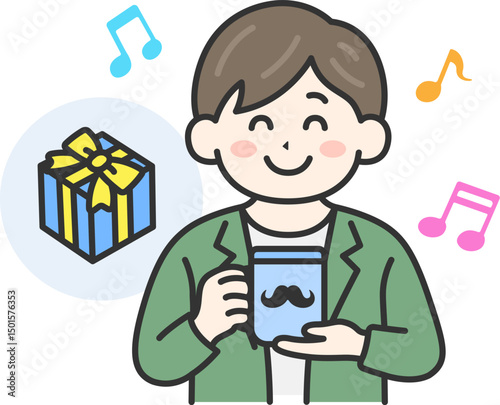 父の日に、マグカップをプレゼントされて喜ぶ、男性（線画カラー）のイラスト