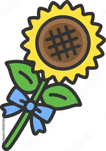 父の日の、リボンを付けた向日葵の花（線画カラー）のイラスト