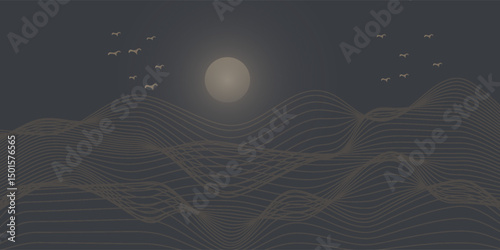 Vector abstract art landscape mountain with birds and sunrise with gold line art texture isolated on dark gray black background. eps10