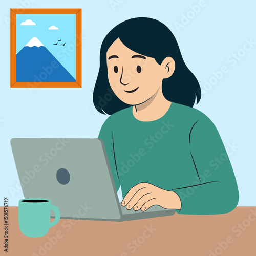 Vector illustration of a woman working on a laptop with a coffee mug on the table and a framed mountain picture in the background. Flat, minimal design style.